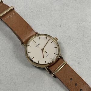 Timex Fairfield Watch 37mm Gold Tone Brown Leather Strap Indiglo New Battery